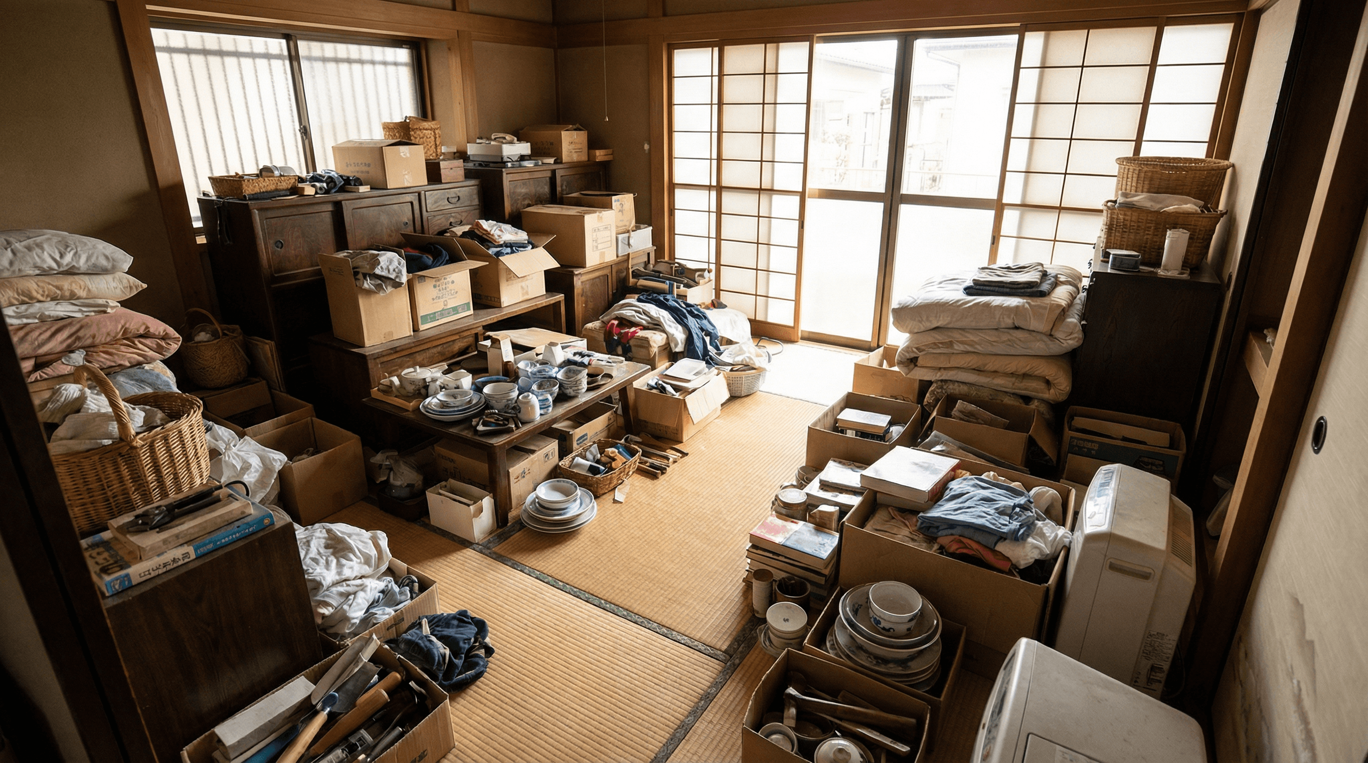 モノが散乱し、足の踏み場もない和室