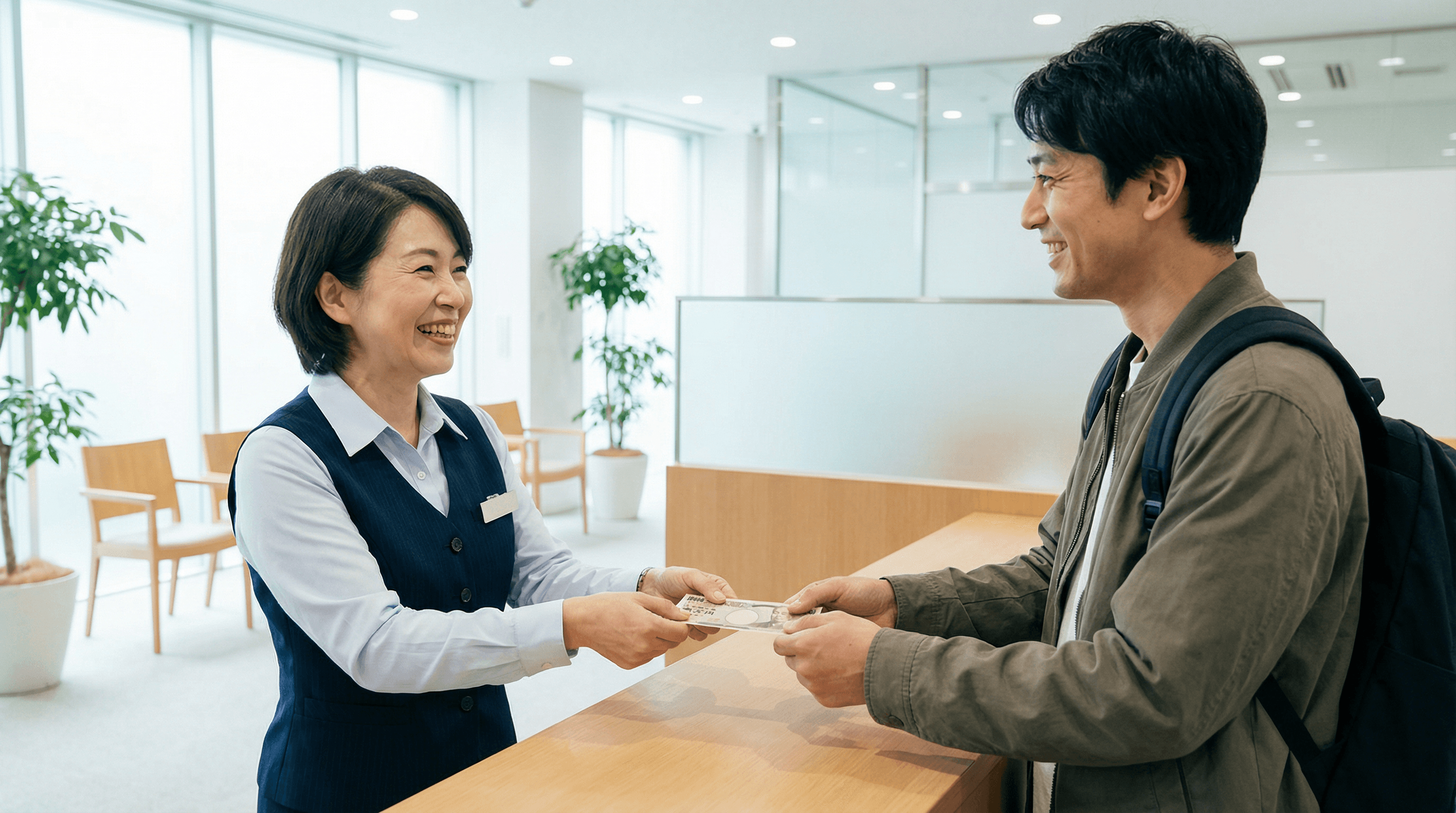 現金を渡している様子とスタッフが品物を運び出している様子